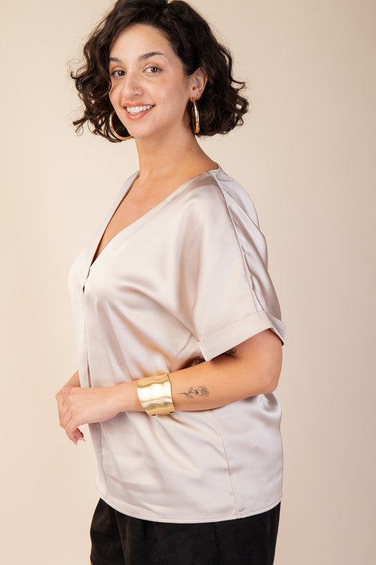 Curvy V neck Satin Top