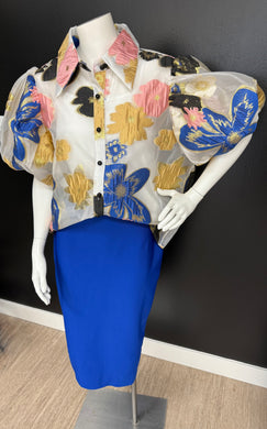Puff Sleeve Flower Top & Pencil Skirt Set