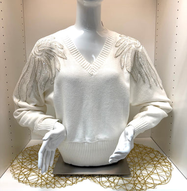 Beaded Feather Shoulder Sweater