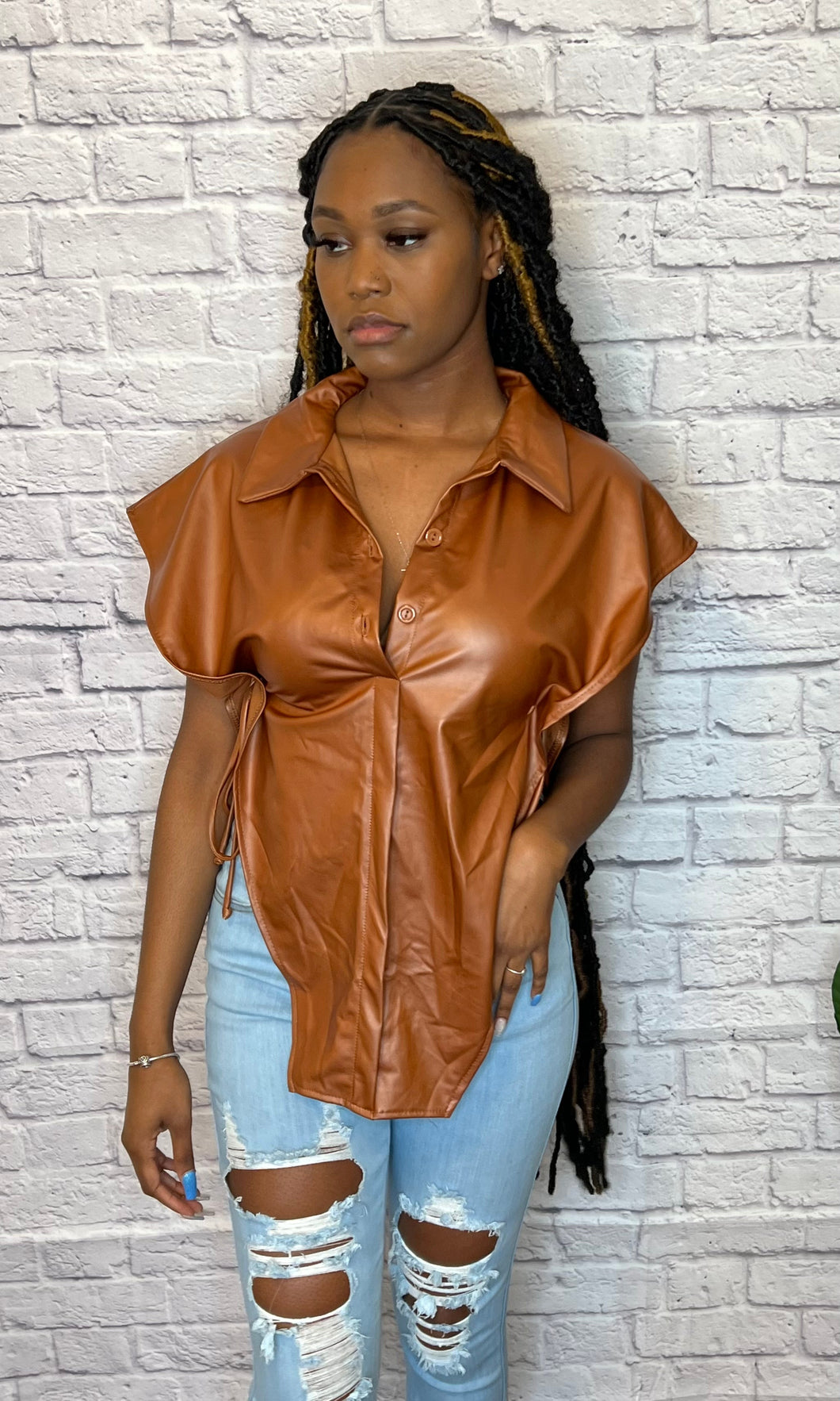 Tailored Faux Leather Blouse